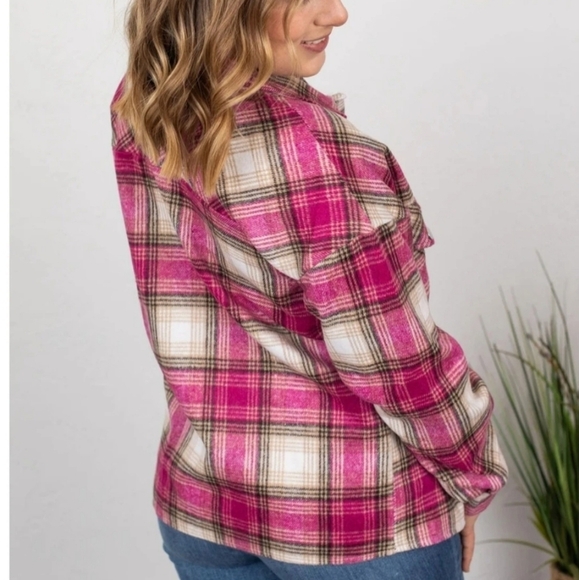 Plaid Shacket Jacket Pink Tan NWT Snap Closure - Picture 3 of 4